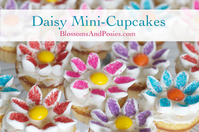 Tutorial for decorating miniature daisy cupcakes via https://blossomsandposies.com/blog/flower-cupcakes/