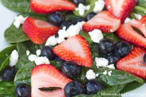 This Patriotic Salad is a light and fresh addition to your patriotic celebration! With a spinach base, and strawberries, blueberries and feta providing color, the salad is tied together with a light lemon dressing. This is an S for a #trimhealthymama. blossomsandposies.com