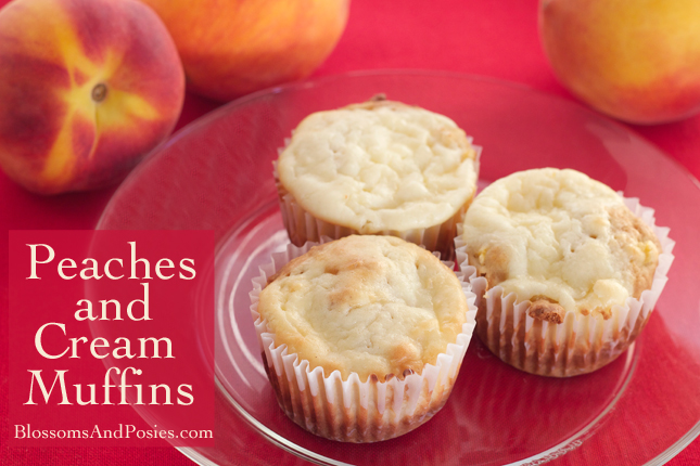 Peaches and Cream Muffins - peach cake meets cheesecake in this light and airy peach muffin with a sweet cream cheese topping! from blossomsandposies.com/blog