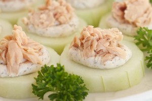 Try Salmon Cucumber Bites at your next party! Salmon, cream cheese and horseradish combine for a great flavor! #glutenfree #TrimHealthyMama #lowcarb